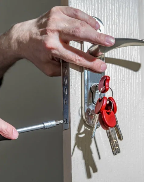 Professional locksmith installing security lock